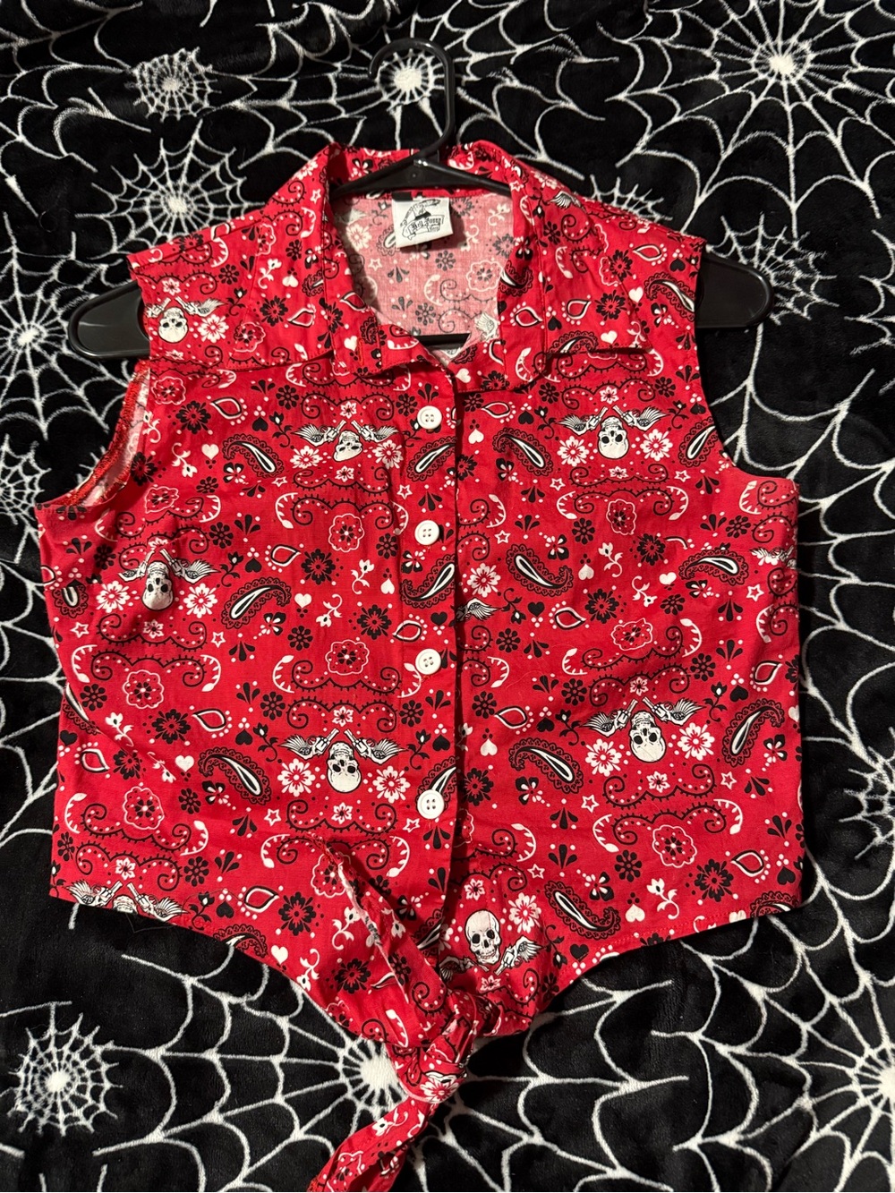 Hell Bunny Red Paisley Skull Tie-Front Crop Top
